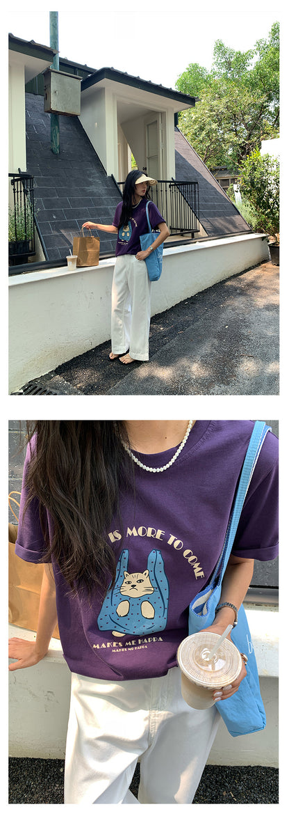 【H5165】實拍夏天帶一隻貓咪出門印花寬鬆短袖250407