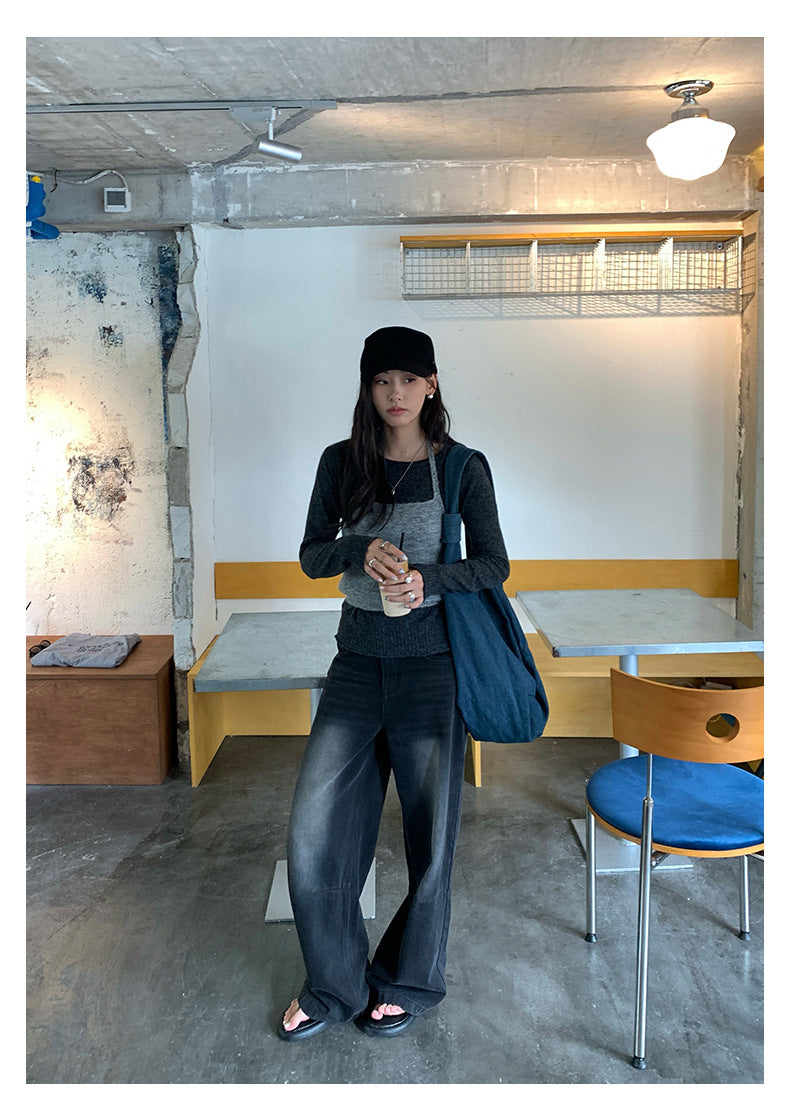 【H5402】實拍復古做舊洗水黑灰色廓形牛仔褲250902