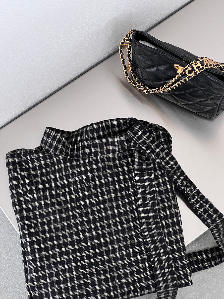 【cim1695】實拍法式磨毛領結氣質格子襯衫251030