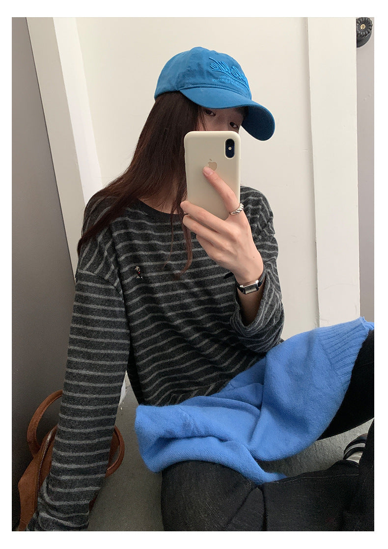 【H572】實拍復古磨毛刺繡條紋圓領T恤251021