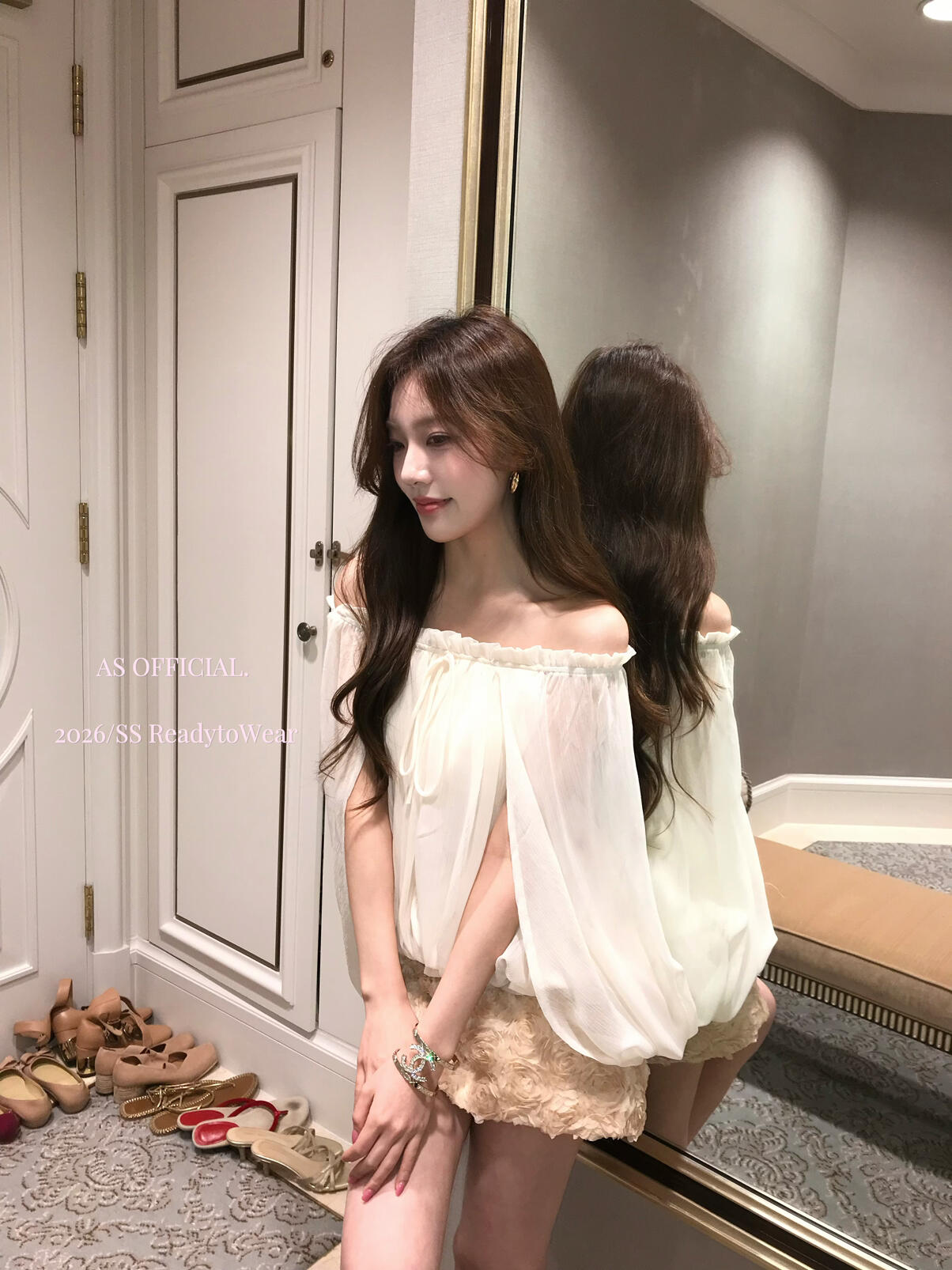 【L26366】實拍法式純慾溫柔風🕊️氣質百搭顯瘦一字領雪紡上衣260330