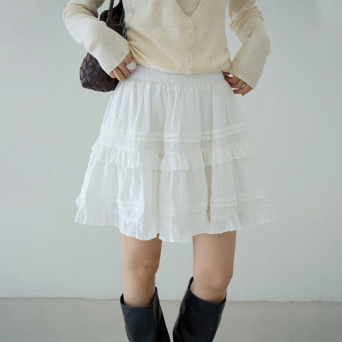 【LD9228】實拍夏日初戀純慾感🤍質感提花高腰顯瘦白色蛋糕短裙260317