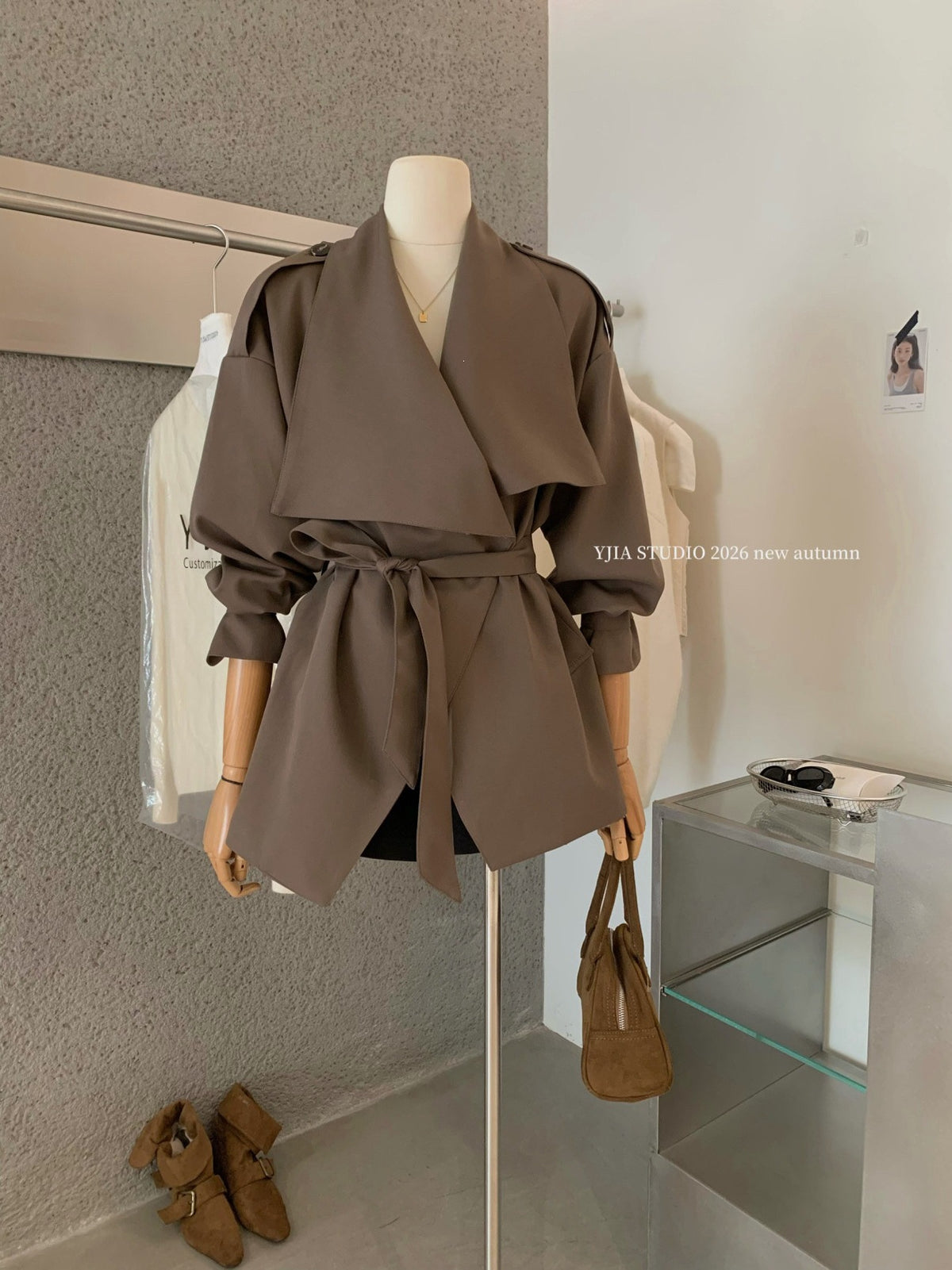 【L9296】復古簡約・翻領風衣外套附腰帶261013