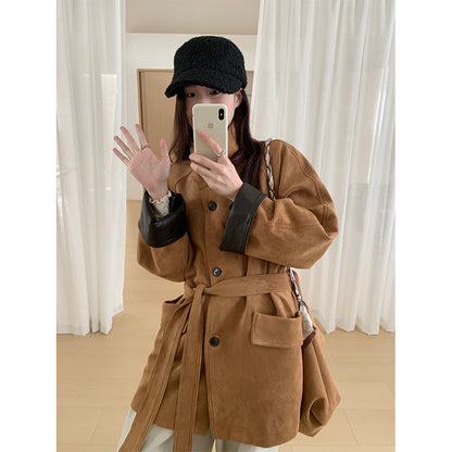 【H569】實拍復古個性皮革拼麂皮絨大衣外套＋麂皮肩背包251021