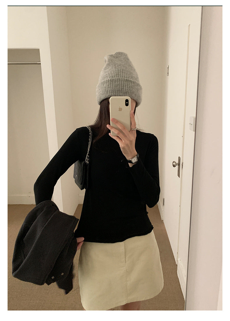 【H568】實拍基礎款木耳邊半高領純色打底衫251021