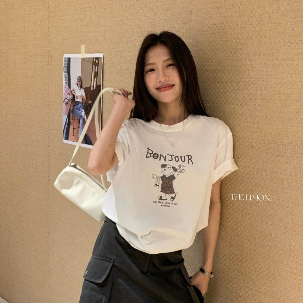 【L10378】陽光元氣女孩☀️韓系休閒字母小狗印花寬鬆顯瘦圓領短袖T恤260518