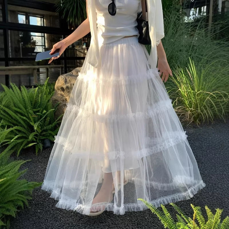 【L10316】實拍檸檬春夏溫柔仙女系🕊️浪漫層次網紗拼接高腰A字長裙260318