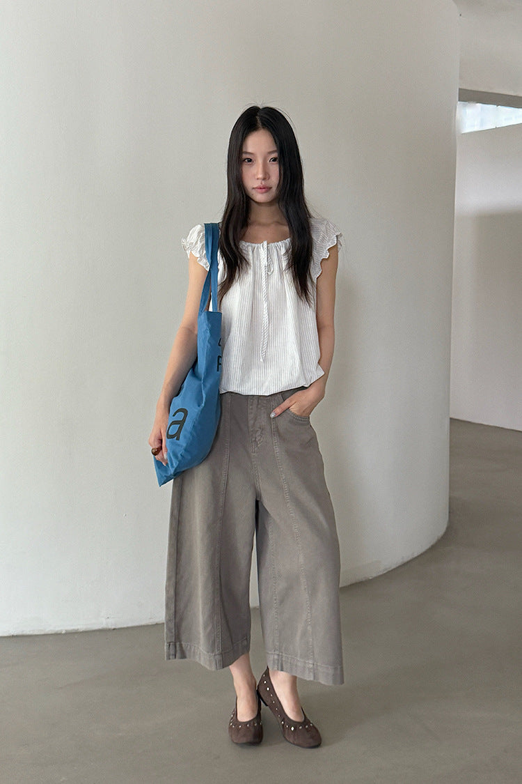 【LD11373】美式S~XL復古百搭👖水洗棉分割設計高腰顯瘦牛仔七分寬褲260630