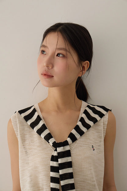 【L3072】實拍夏天韓國條紋披肩+刺繡針織背心250721