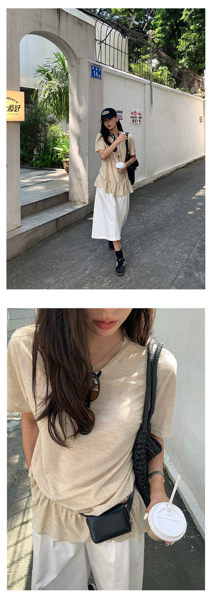 【H5375】實拍燕麥色荷葉下擺短袖T250715