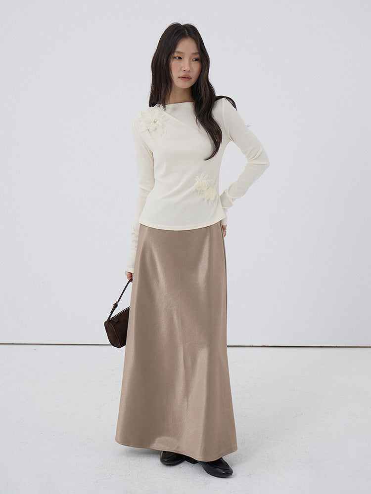 【LD3277】實拍立體花朵長袖一字領T恤251103