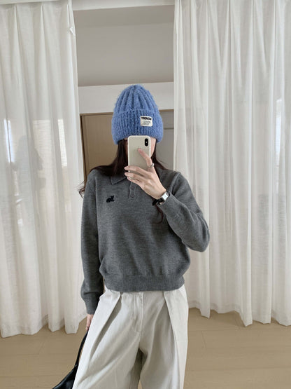 【H564】實拍貓咪刺繡Polo針織衫251021