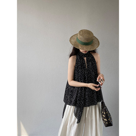 【cimz1862】實拍法式復古浪漫🌹小眾設計感波點飄帶繞頸無袖襯衫上衣260429