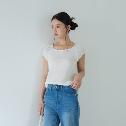 【LD11318】夏日必備透氣款！法式微透膚花邊圓領短袖天絲亞麻針織衫

260601