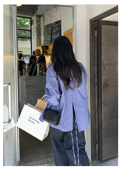 【H5401】實拍後背開叉藍色格子長袖襯衫250902