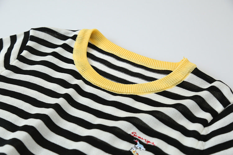 【LD11220】實拍休閒百搭經典款🐎小馬刺繡條紋寬鬆圓領短袖針織上衣260407