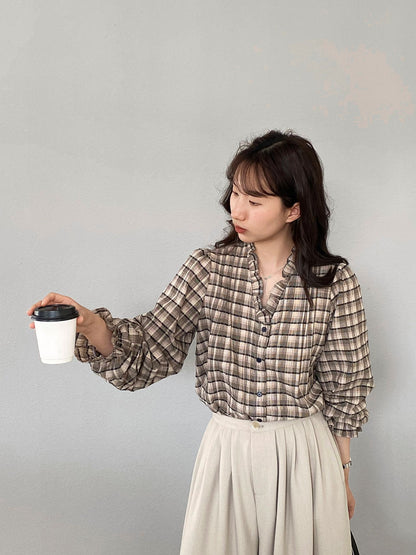 【cimz6509】復古浪漫主義🌹精緻木耳邊格紋長袖襯衫260319