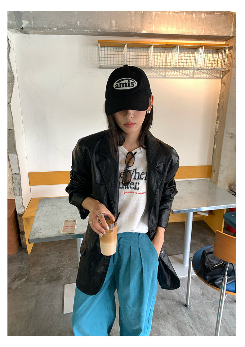 【H5398】實拍韓系高級感黑色皮衣西裝外套250902