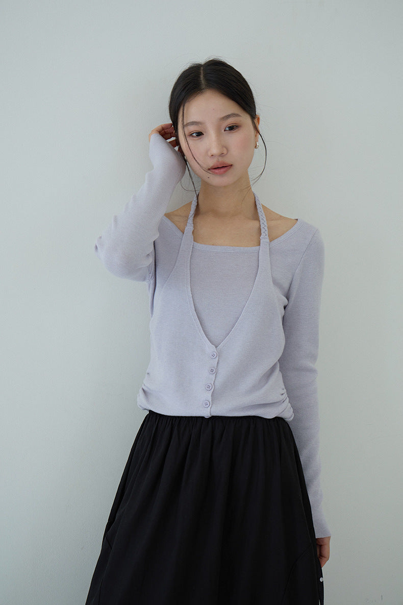 【LD11170】實拍韓系純慾微性感✨淡紫掛脖假兩件收腰顯瘦長袖針織衫260317