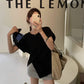 【L6389】實拍檸檬不規則皺摺開叉t恤240426