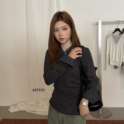 【L30006】KITTIN慵懶微性感・縮腰拼接Polo領長袖針織衫260921