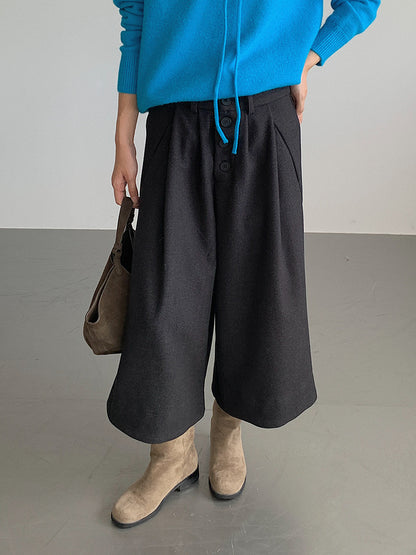 【LD3301】實拍韓系簡約高腰毛呢闊腿七分褲251103