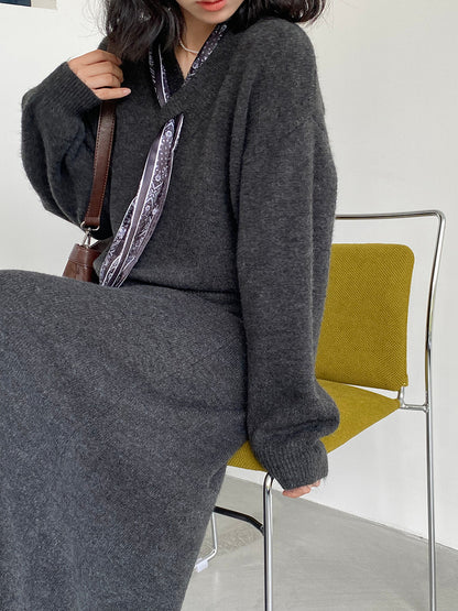 【cim823】實拍韓系軟糯短版針織毛衣+絲巾+針織長裙251030