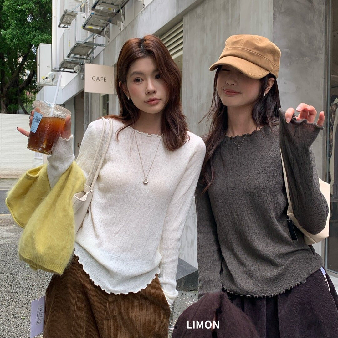 【LNM8599】檸檬家極簡肌理感・木耳邊圓領長袖針織衫260916