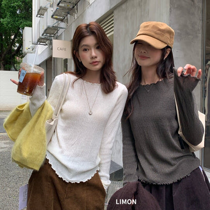【LNM8599】檸檬家極簡肌理感・木耳邊圓領長袖針織衫260916