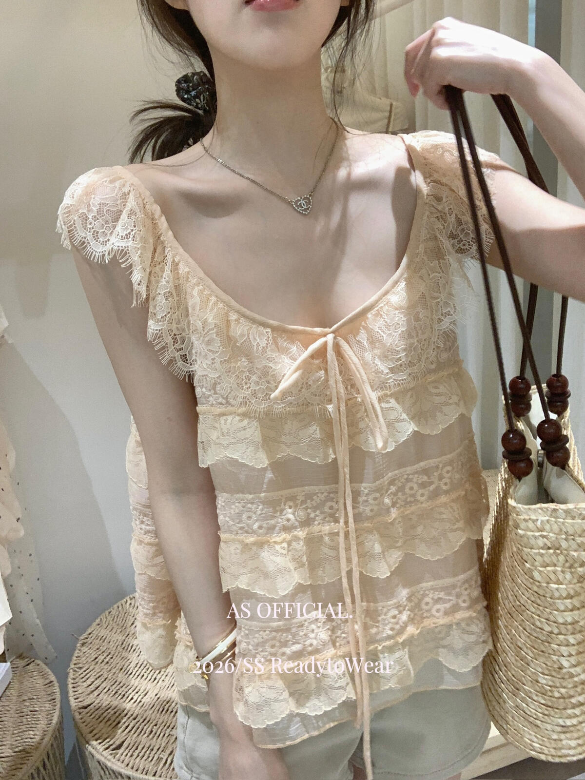 【L27010】韓系甜美純慾風🎀重工蕾絲多層荷葉邊綁帶無袖上衣260526