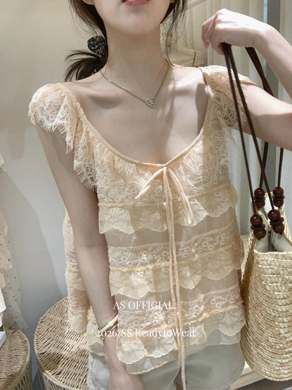 【L27010】韓系甜美純慾風🎀重工蕾絲多層荷葉邊綁帶無袖上衣260526
