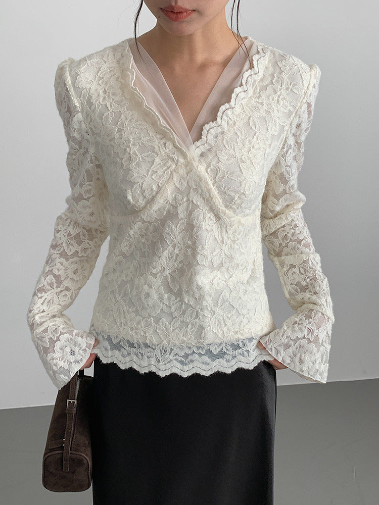 【LD3295】實拍法式喇叭袖加絨蕾絲衫251103