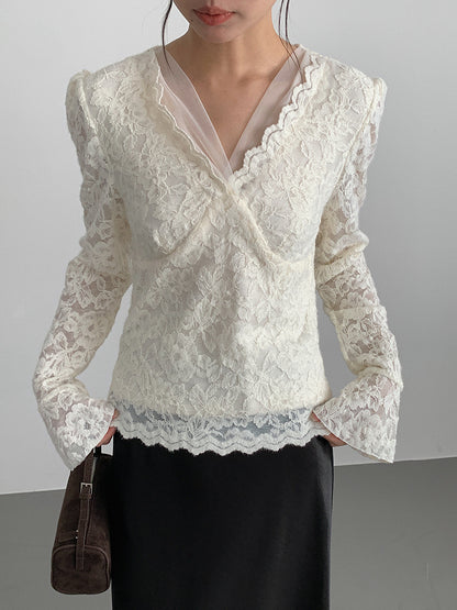 【LD3295】實拍法式喇叭袖加絨蕾絲衫251103