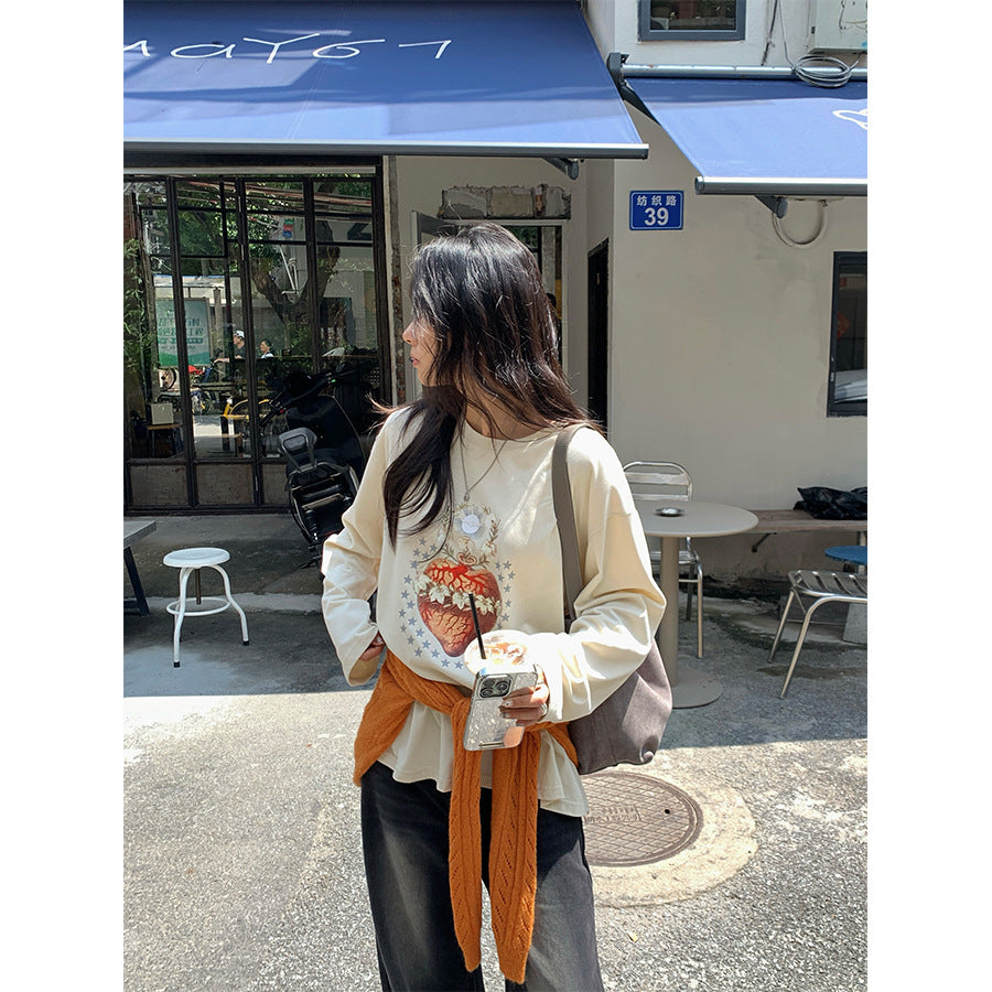 【H5397】實拍韓系甜美少女寬鬆長袖T恤250902