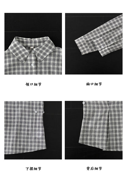 【cimz1978】 復古時髦・斜釦格紋純棉長袖後背縮腰襯衫260903