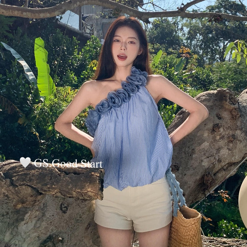 【LD0358W】法式溫柔仙女系🌸立體花朵條紋斜肩無袖上衣260323