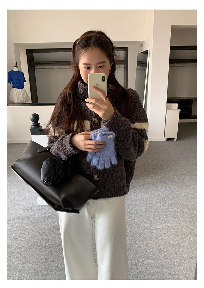 【H5511】實拍 懶懶撞色條紋開衫針織毛衣
251118