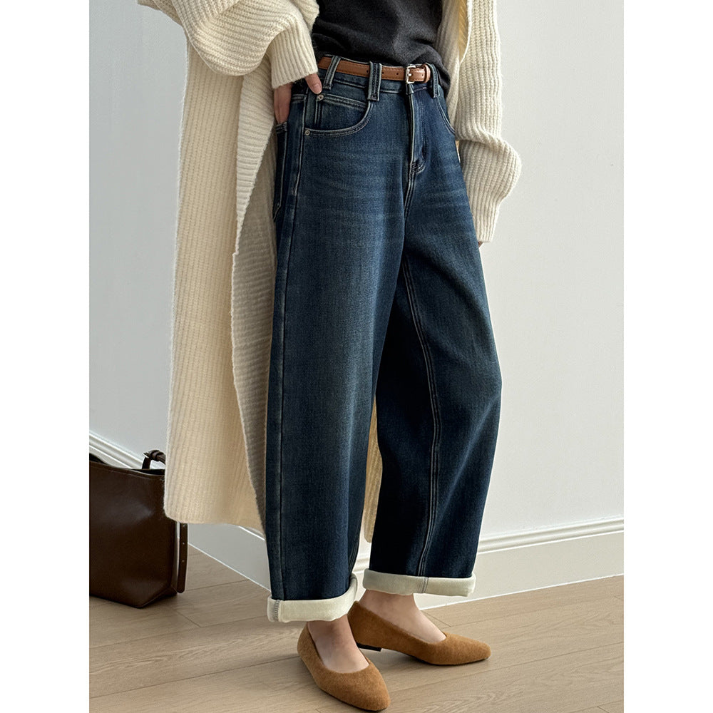 【Y98395】實拍S~XL復古加絨直筒牛仔褲含腰帶251106