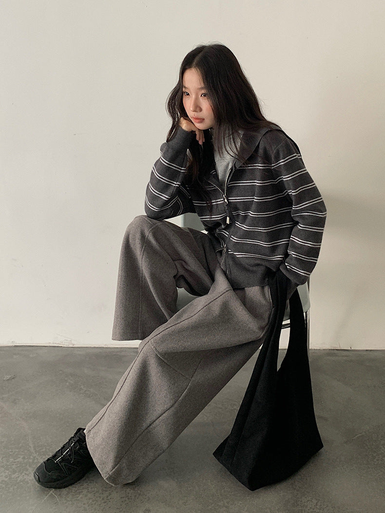 【LD11036】實拍雙頭拉鍊海軍領條紋針織開衫251202