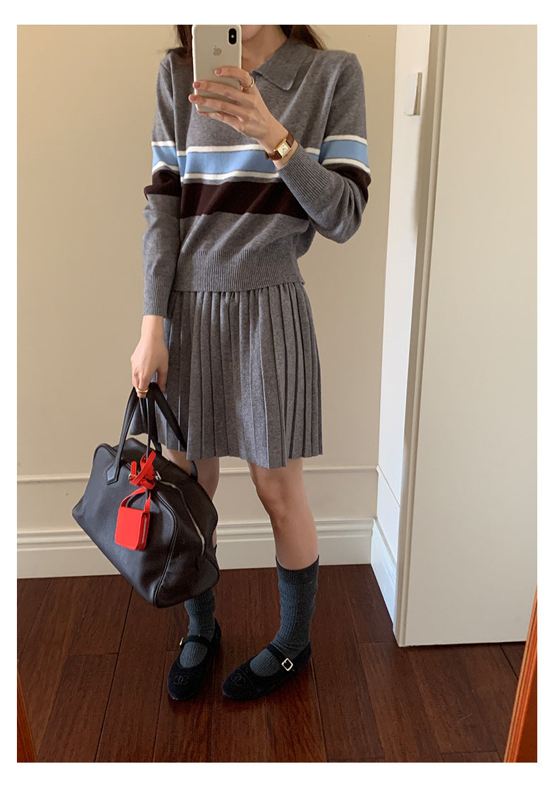 【H5518】實拍復古中性條紋針織衫＋針織百褶裙251125