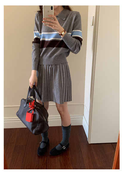 【H5518】實拍復古中性條紋針織衫＋針織百褶裙251125