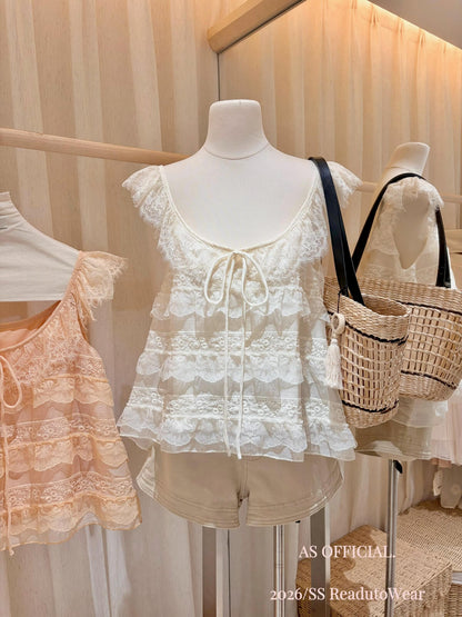 【L27010】韓系甜美純慾風🎀重工蕾絲多層荷葉邊綁帶無袖上衣260526