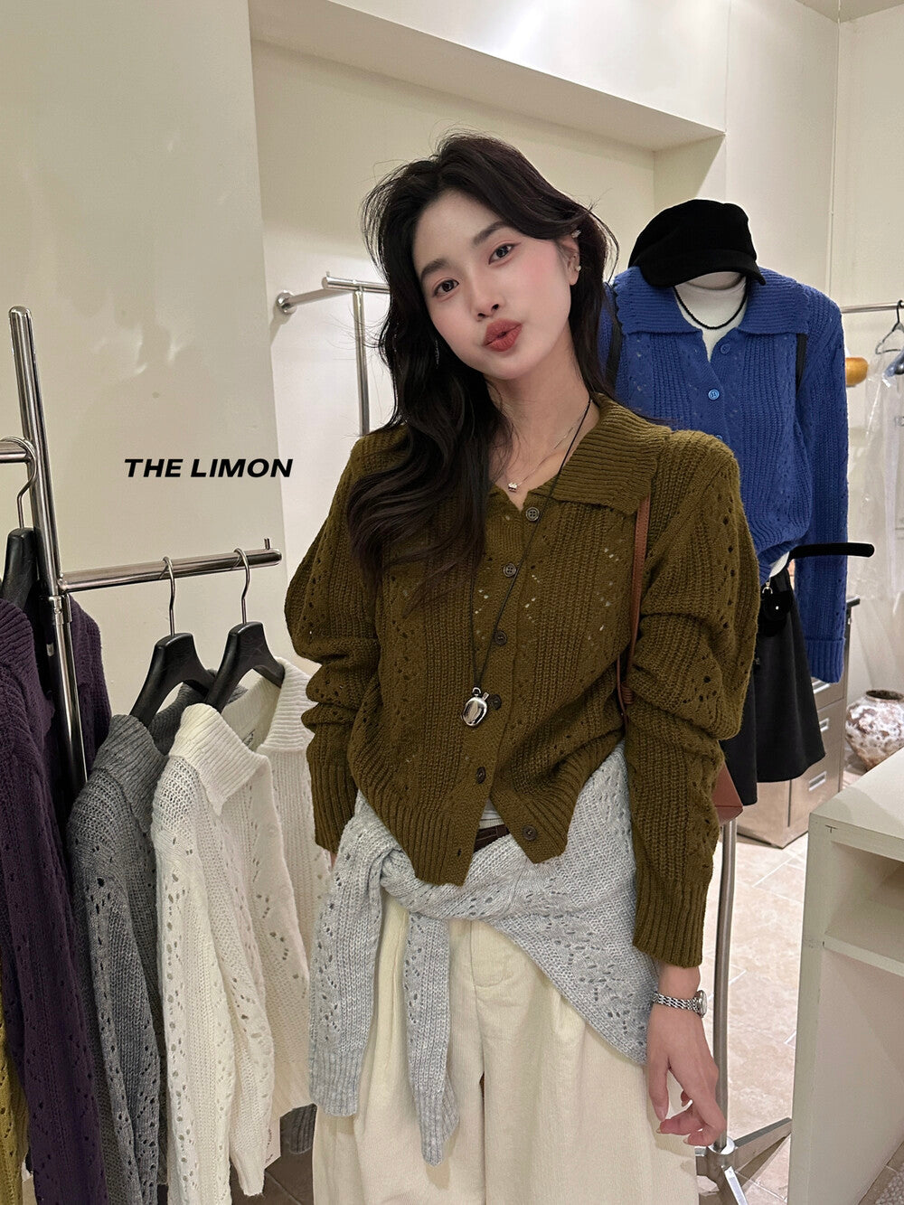 【LSC1072】檸檬簍空polo領針織開衫251117