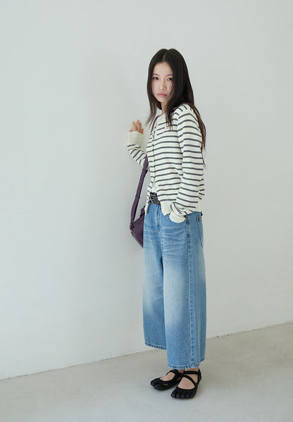 【LD11179】實拍S~XL美式復古時髦✨水洗藍刷破貓鬚寬鬆九分牛仔寬褲260317