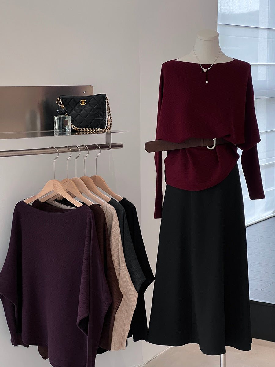 【cim9033】實拍韓系高級感長袖斜肩針織衫＋腰帶251030