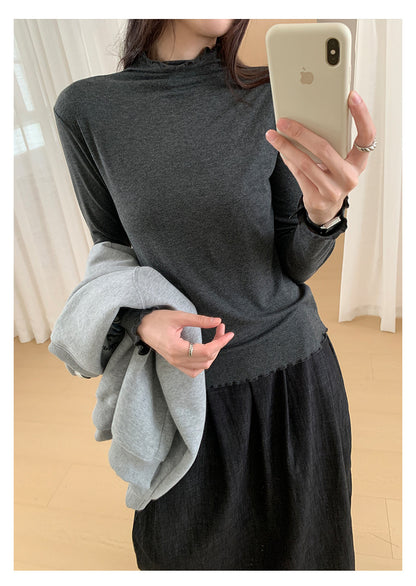 【H568】實拍基礎款木耳邊半高領純色打底衫251021