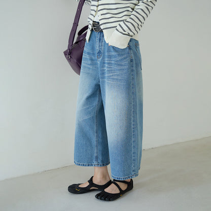 【LD11179】實拍S~XL美式復古時髦✨水洗藍刷破貓鬚寬鬆九分牛仔寬褲260317