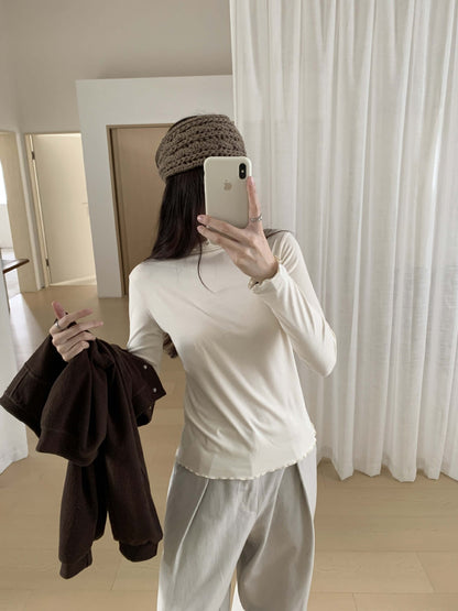 【H568】實拍基礎款木耳邊半高領純色打底衫251021