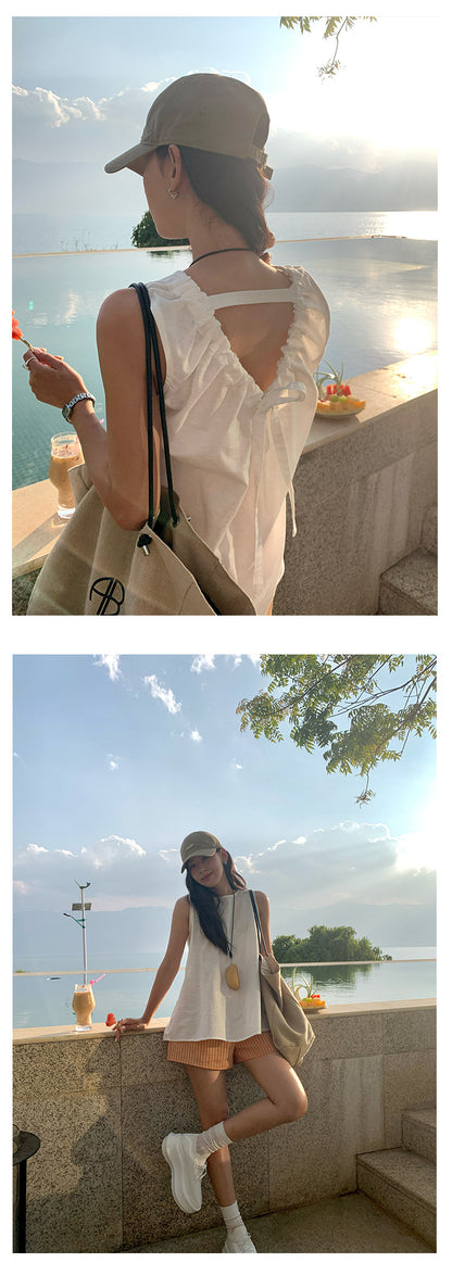 【H5188】實拍清新簡約棉麻後背鏤空寬鬆長上衣250415