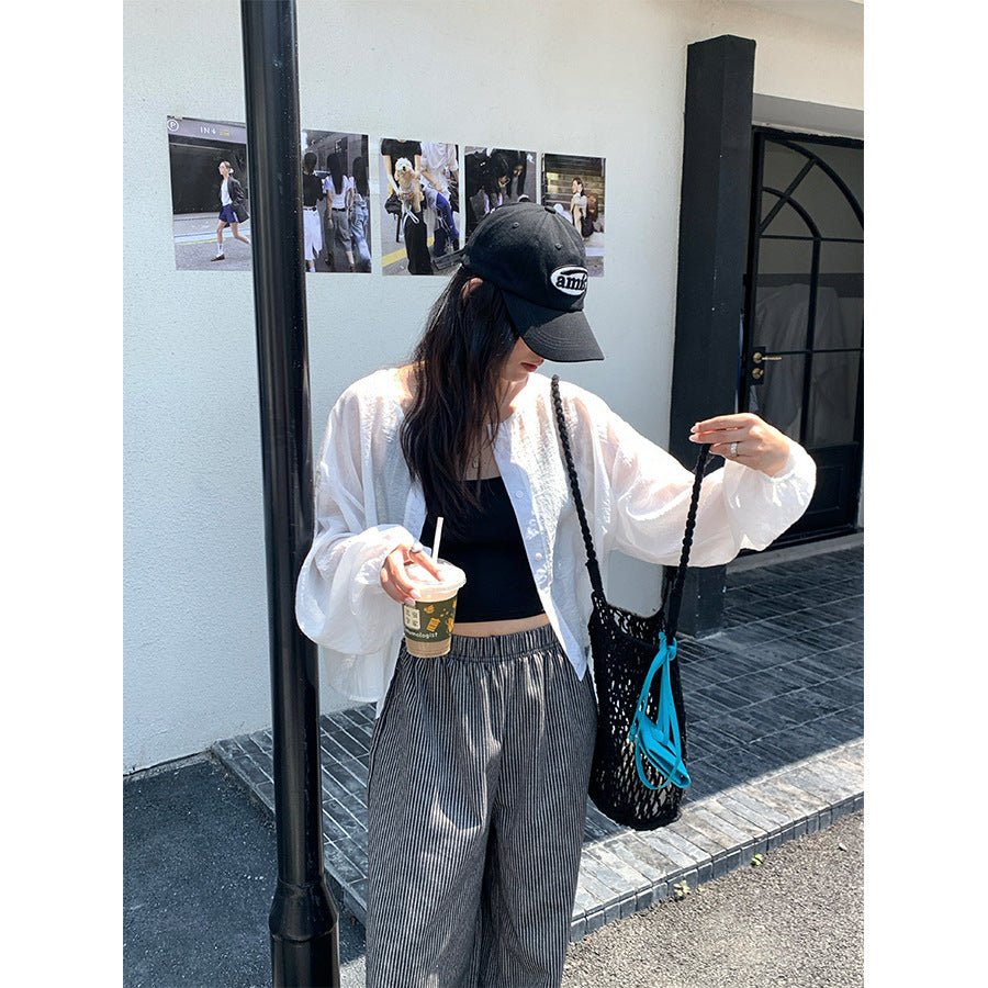 【H5277】實拍韓系條紋闊腿褲 顯瘦高腰直筒寬褲夏季休閒長褲250520